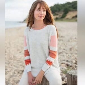 Mersea Camden Striped Traveler Knit Sweater Sea Salt & Coral‎ Rose Back Button